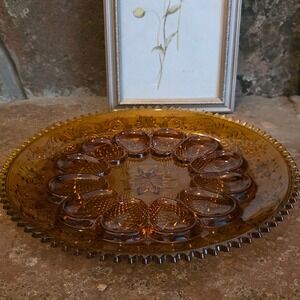Vintage Tiara Amber Glass Deviled Egg Plate Sandwich Pattern Sawtooth Rim 12in